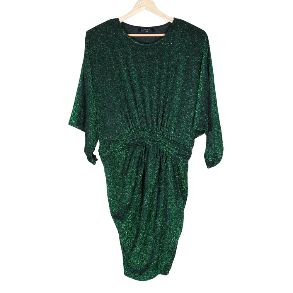 Eloquii Dress 16 Green Metallic Dolman Sleeve Drape Gathered Above Knee Mini